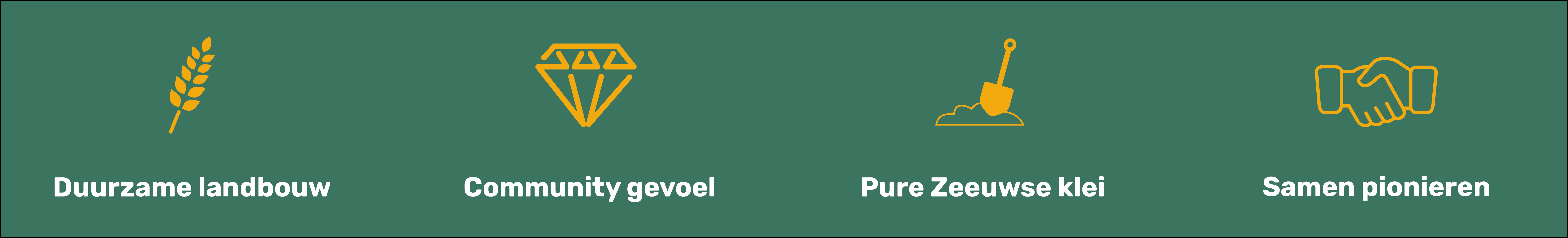 Afbeelding met vier iconen met de tekst 'Duurzame landbouw', 'Community gevoel', 'Pure Zeeuwse klei' en 'Samen pionieren' op een groene achtergrond.